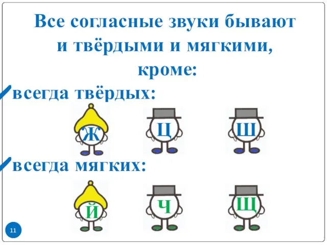 Все согласные звуки бывают и твёрдыми и мягкими, кроме: всегда твёрдых: всегда