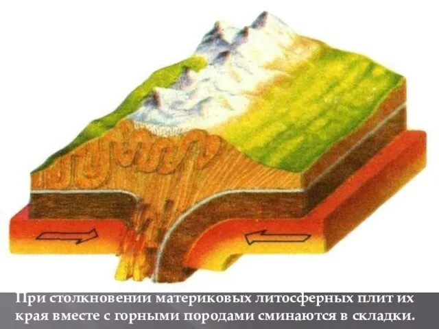 При столкновении материковых литосферных плит их края вместе с горными породами сминаются в складки.