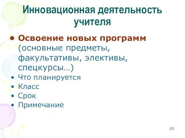 Инновационная деятельность учителя Освоение новых программ (основные предметы, факультативы, элективы, спецкурсы…) Что планируется Класс Срок Примечание