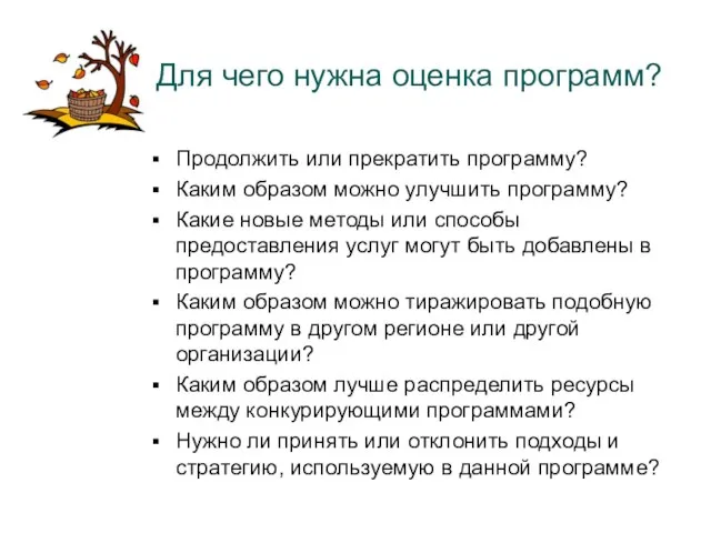 Для чего нужна оценка программ? Продолжить или прекратить программу? Каким образом можно