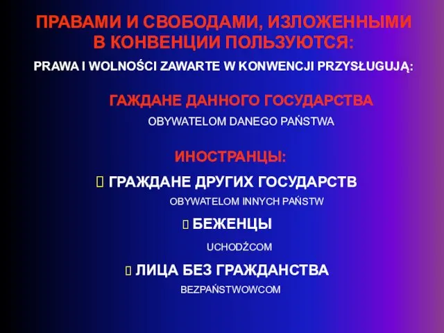 ПРАВАМИ И СВОБОДАМИ, ИЗЛОЖЕННЫМИ В КОНВЕНЦИИ ПОЛЬЗУЮТСЯ: PRAWA I WOLNOŚCI ZAWARTE W