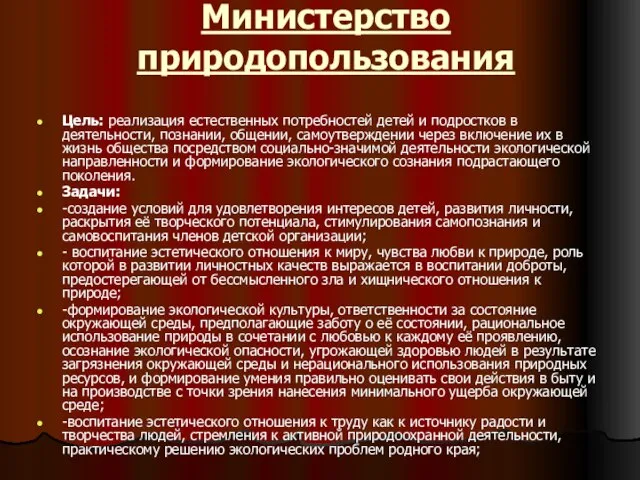 Министерство природопользования Цель: реализация естественных потребностей детей и подростков в деятельности, познании,