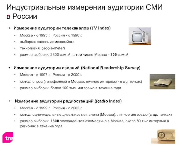 Индустриальные измерения аудитории СМИ в России Измерение аудитории телеканалов (TV Index) Москва