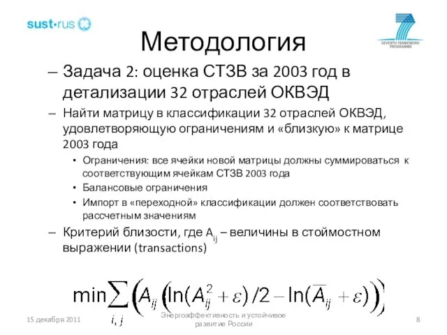 Методология Задача 2: оценка СТЗВ за 2003 год в детализации 32 отраслей