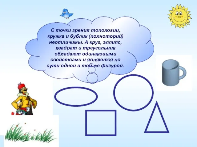 С точки зрения топологии, кружка и бублик (полноторий) неотличимы. А круг, эллипс,