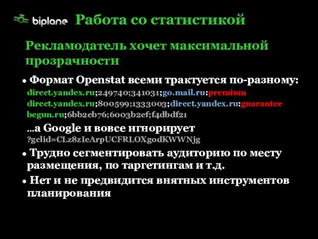 Формат Openstat всеми трактуется по-разному: direct.yandex.ru;249740;341031;go.mail.ru:premium direct.yandex.ru;800599;1333003;direct.yandex.ru:guarantee begun.ru;6bb2eb76;6003b2ef;f4dbdf21 …а Google и вовсе