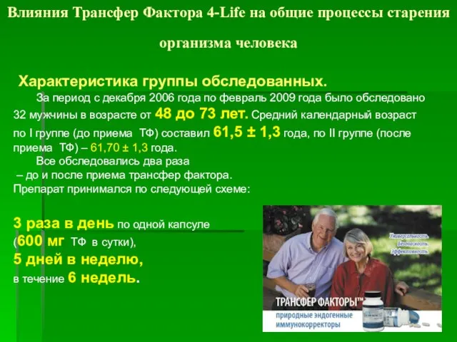 Влияния Трансфер Фактора 4-Life на общие процессы старения организма человека Характеристика группы