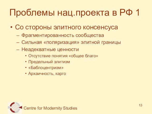 Проблемы нац.проекта в РФ 1 Со стороны элитного консенсуса Фрагментированность сообщества Сильная