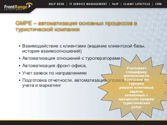 GMPE – автоматизация основных процессов в туристической компании Взаимодействие с клиентами (ведение