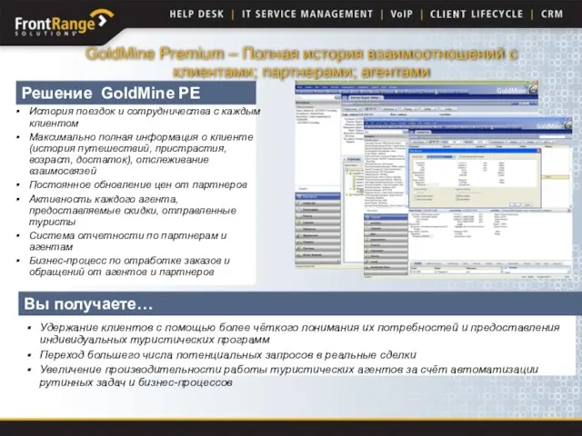 Решение GoldMine PE История поездок и сотрудничества с каждым клиентом Максимально полная