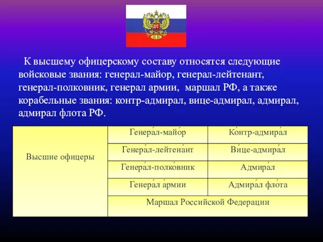 К высшему офицерскому составу относятся следующие войсковые звания: генерал-майор, генерал-лейтенант, генерал-полковник, генерал