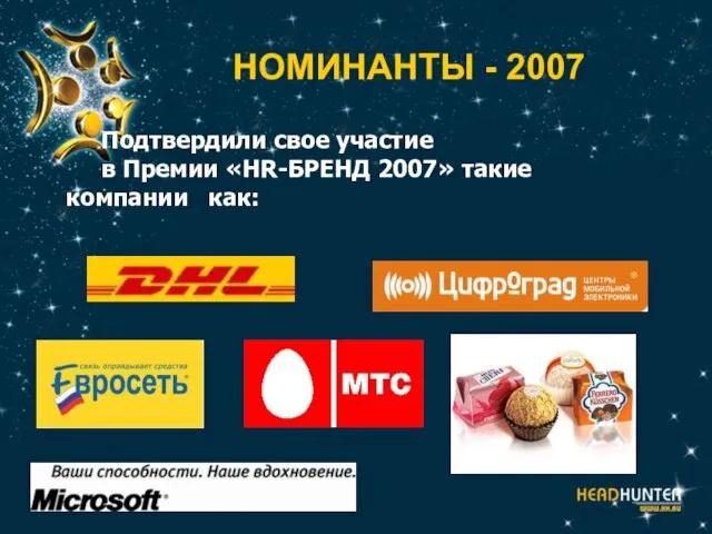 НОМИНАНТЫ - 2007 Подтвердили свое участие в Премии «HR-БРЕНД 2007» такие компании как: