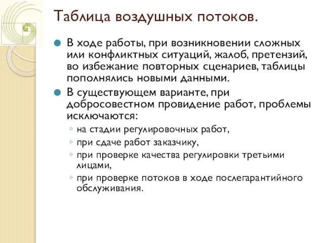 Таблица воздушных потоков. В ходе работы, при возникновении сложных или конфликтных ситуаций,