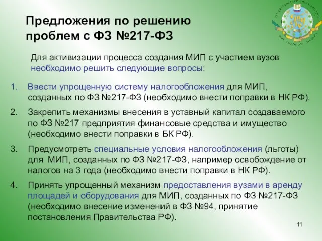 Предложения по решению проблем с ФЗ №217-ФЗ Для активизации процесса создания МИП