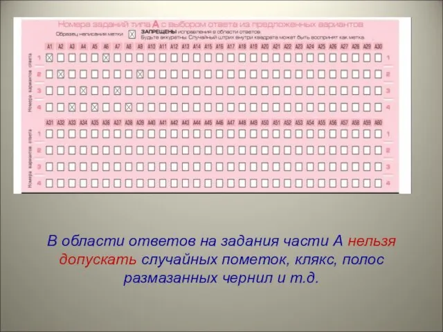 В области ответов на задания части А нельзя допускать случайных пометок, клякс,