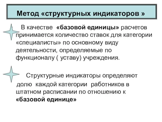 Метод «структурных индикаторов » В качестве «базовой единицы» расчетов принимается количество ставок