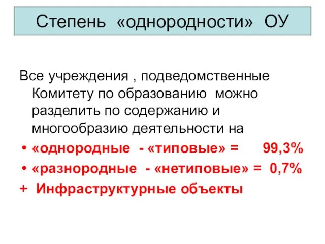 Степень «однородности» ОУ Все учреждения , подведомственные Комитету по образованию можно разделить