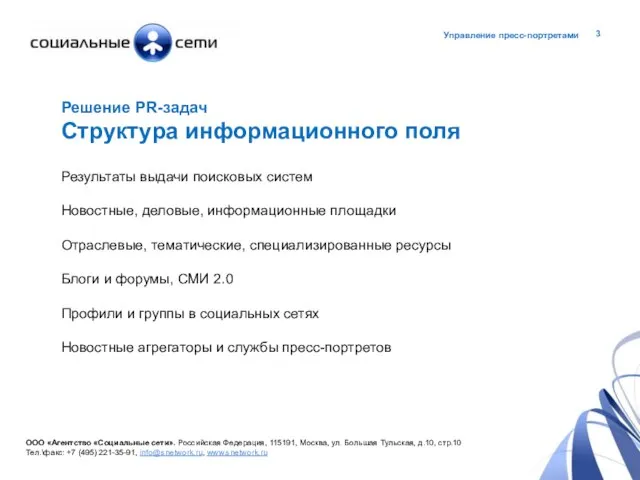 Решение PR-задач Структура информационного поля Результаты выдачи поисковых систем Новостные, деловые, информационные