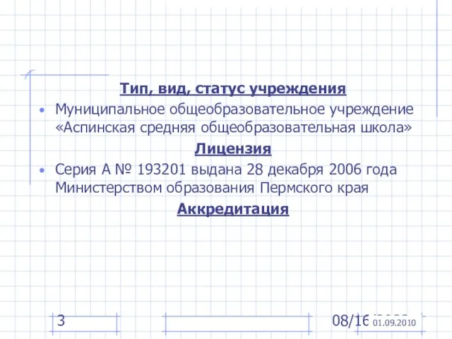 08/16/2023 Тип, вид, статус учреждения Муниципальное общеобразовательное учреждение «Аспинская средняя общеобразовательная школа»