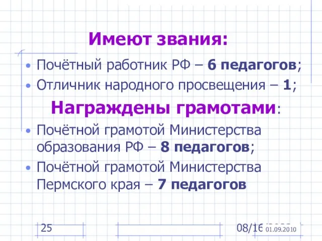 08/16/2023 Имеют звания: Почётный работник РФ – 6 педагогов; Отличник народного просвещения