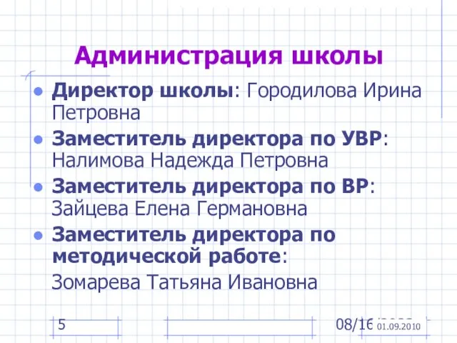 08/16/2023 Администрация школы Директор школы: Городилова Ирина Петровна Заместитель директора по УВР: