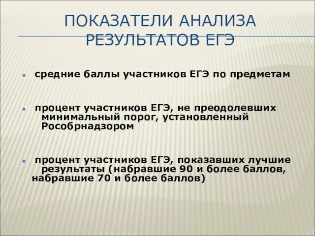 ПОКАЗАТЕЛИ АНАЛИЗА РЕЗУЛЬТАТОВ ЕГЭ средние баллы участников ЕГЭ по предметам процент участников