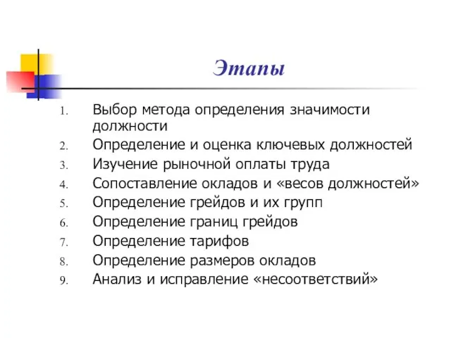 Этапы Выбор метода определения значимости должности Определение и оценка ключевых должностей Изучение