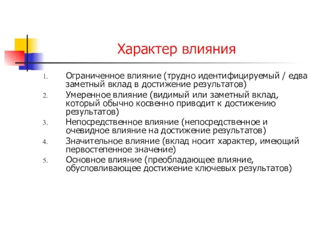 Характер влияния Ограниченное влияние (трудно идентифицируемый / едва заметный вклад в достижение