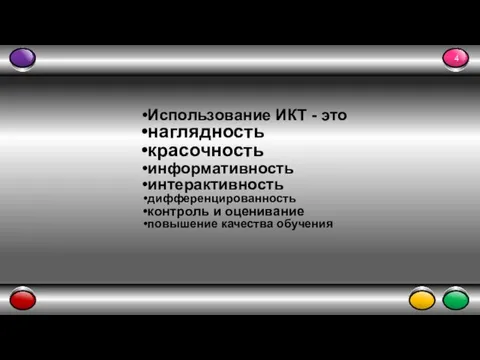 Использование ИКТ - это наглядность красочность информативность интерактивность дифференцированность контроль и оценивание повышение качества обучения