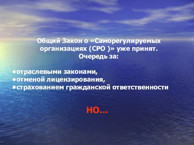 Общий Закон о «Саморегулируемых организациях (СРО )» уже принят. Очередь за: отраслевыми