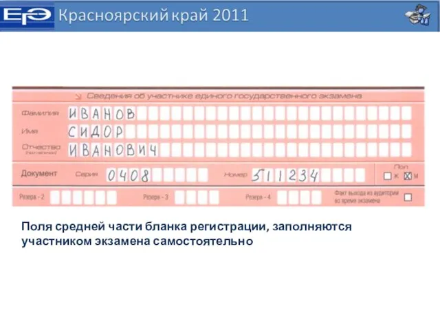 Поля средней части бланка регистрации, заполняются участником экзамена самостоятельно