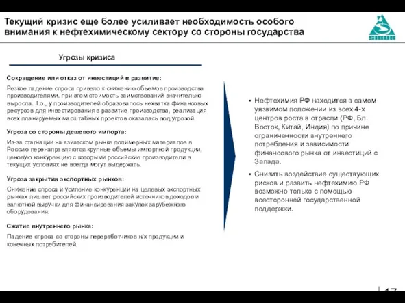 Текущий кризис еще более усиливает необходимость особого внимания к нефтехимическому сектору со