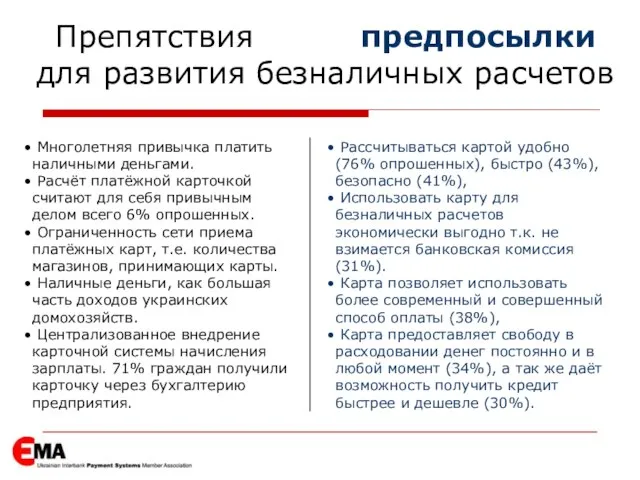 Препятствия предпосылки для развития безналичных расчетов Многолетняя привычка платить наличными деньгами. Расчёт