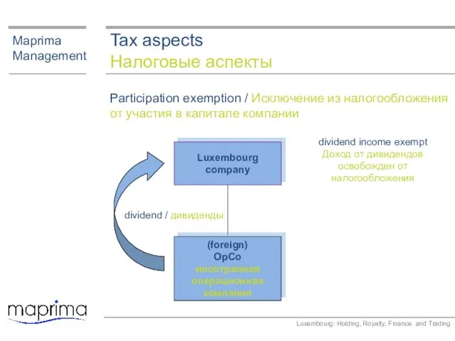 Tax aspects Налоговые аспекты Maprima Management Participation exemption / Исключение из налогообложения