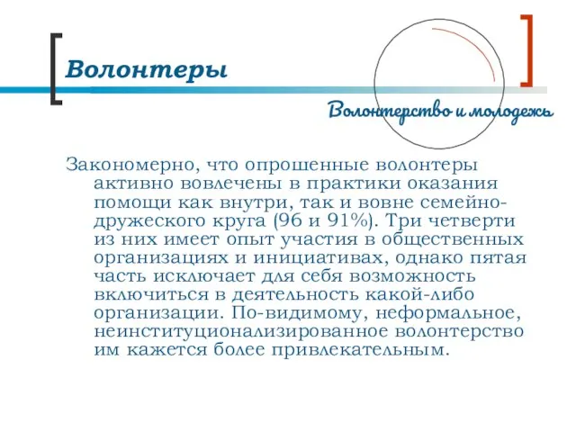 Волонтеры Закономерно, что опрошенные волонтеры активно вовлечены в практики оказания помощи как