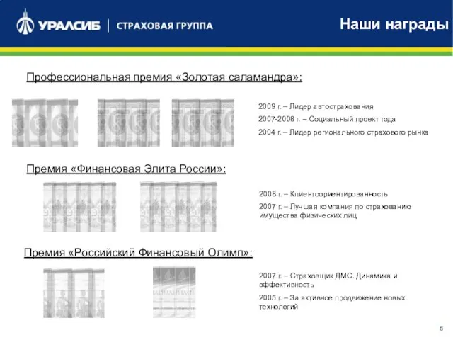 Профессиональная премия «Золотая саламандра»: 2009 г. – Лидер автострахования 2007-2008 г. –