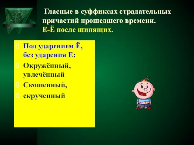 Гласные в суффиксах страдательных причастий прошедшего времени. Е-Ё после шипящих. Под ударением