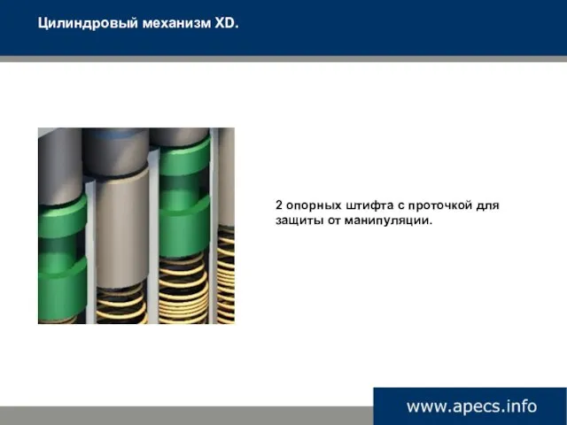 Цилиндровый механизм XD. 2 опорных штифта с проточкой для защиты от манипуляции.