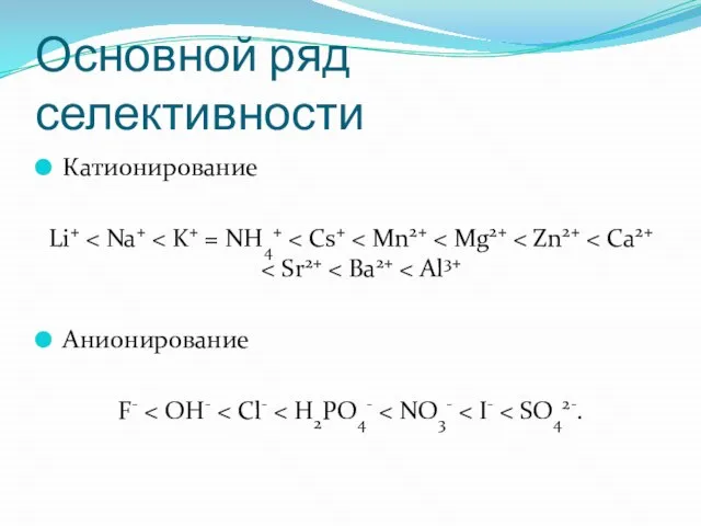 Основной ряд селективности Катионирование Li+ Анионирование F-