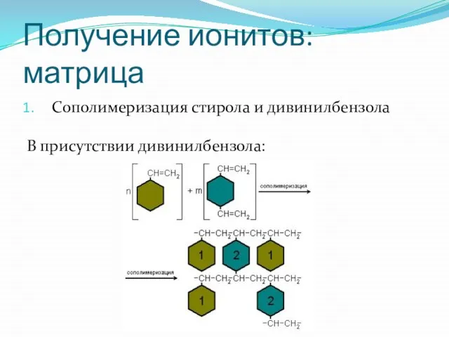 Получение ионитов: матрица Сополимеризация стирола и дивинилбензола В присутствии дивинилбензола: