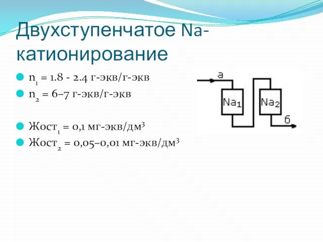 Двухступенчатое Na-катионирование n1 = 1.8 - 2.4 г-экв/г-экв n2 = 6–7 г-экв/г-экв