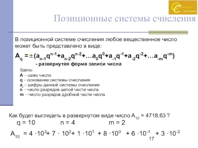 В позиционной системе счисления любое вещественное число может быть представлено в виде: