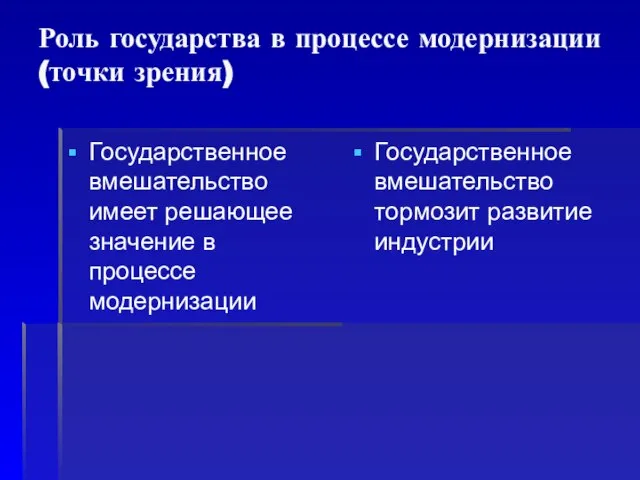 Роль государства в процессе модернизации (точки зрения) Государственное вмешательство имеет решающее значение