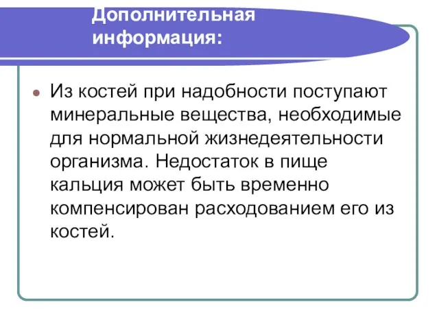 Из костей при надобности поступают минеральные вещества, необходимые для нормальной жизнедеятельности организма.