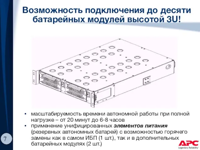 Возможность подключения до десяти батарейных модулей высотой 3U! масштабируемость времени автономной работы