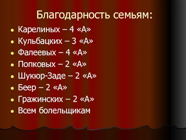 Благодарность семьям: Карелиных – 4 «А» Кульбацких – 3 «А» Фалеевых –