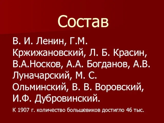 Состав В. И. Ленин, Г.М. Кржижановский, Л. Б. Красин, В.А.Носков, А.А. Богданов,