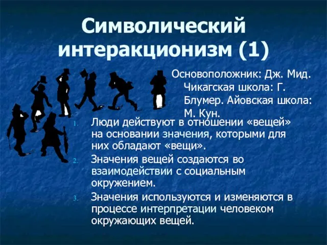 Символический интеракционизм (1) Основоположник: Дж. Мид. Чикагская школа: Г. Блумер. Айовская школа: