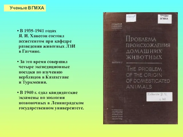 В 1935-1941 годах Я. И. Хавесон состоял ассистентом при кафедре разведения животных