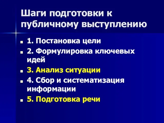 Шаги подготовки к публичному выступлению 1. Постановка цели 2. Формулировка ключевых идей